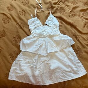 Line and Dot Strappy White Peplum Halter Mini Dress